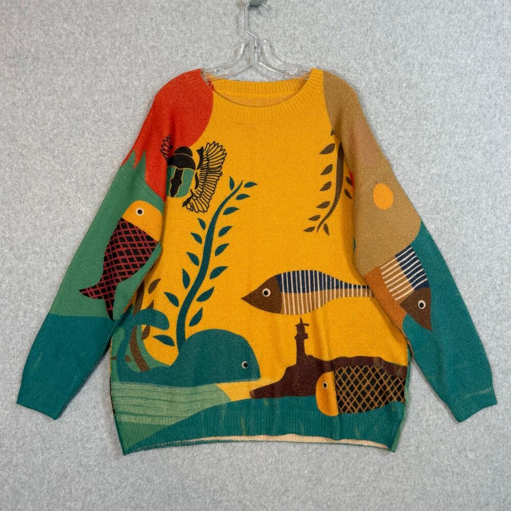 YESNO Oversized Graphic Printed Sweater Size XL Cozy Bold Artsy Whimsical